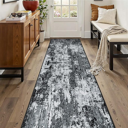 Washable Area Rugs 2'x10' Non-Slip Modern Abstract Soft for Living Room Entryway Bedroom Nursery, Print Pattern, Black Navy Blue Gray