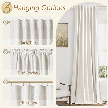 Beige White 100% Blackout Linen Curtains 102 Inch Length 2 Panels Set for Living Room Bedroom Back Tab Thermal Insulated Black Out Drapes Room Darkening Farmhouse Style for Bedroom Window Curtains