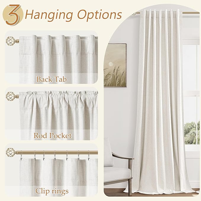 Beige White 100% Blackout Linen Curtains 108 Inch Length 2 Panels Set for Living Room Bedroom Back Tab Thermal Insulated Black Out Drapes Room Darkening Farmhouse Style for Bedroom Window Curtains