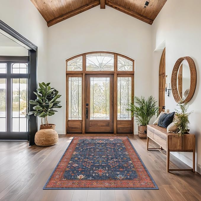 Hazo Haus Dark Blue & Terracotta 5x8 Living Room Rug - Machine Washable Area Rugs for Bedroom, Dining Room, Kitchen Floor, Small Office, Low Pile Non-Slip Rubber Backing & Stain Resistance
