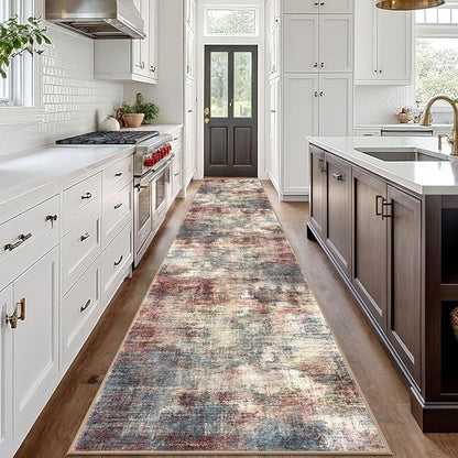 IOHOUZE Abstract Runner Rug 3x18 Ft Washable Runners for Hallways, Non Slip Kitchen Runner Printed Faux Wool Entryway Runner Indoor, Modern Abstract Floor Carpet for Hall Stair, Red/Multi