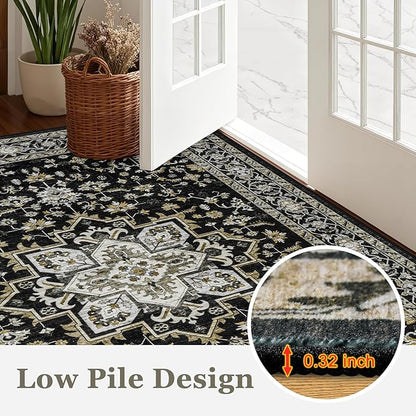 3x5 Area Rugs Living Room Rug: Washable Vintage Boho Medallion Rug No Slip Stain Resistant Soft Carpet Indoor Large Carpets for Bedroom Dining Room Farmhouse Nursery Hallway Home Office Black Gold