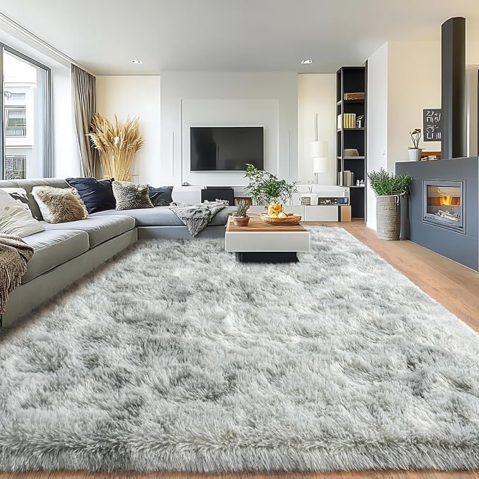 Pionblank 9x12 Area Rug, Large Area Rug for Living Room, Shag Rug for Bedroom, Soft Furry Non Slip Carpet for Kids Room Nursery Teens Dorm Home Decor, Tie Dye Grey