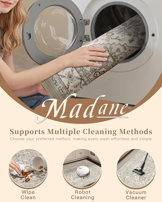 Madane Hallway Runner 3x8, Kitchen Rugs Washable Entryway Rug 8ft Vintage Kitchen Runners Non Slip Indoor Area Rug Farmhouse Carpet Runner for Bathroom Living Room Bedroom (3 X 8, Beige/Brown)