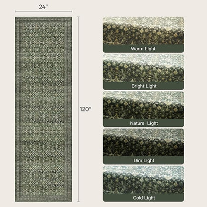 Lofus 2x10 Area Rug for Hallways,Green Washable Runner Rugs with Non Slip Rubber Backing, Low Pile Soft Carpet Runner for Kitchen Bathroom Bedroom Laundry