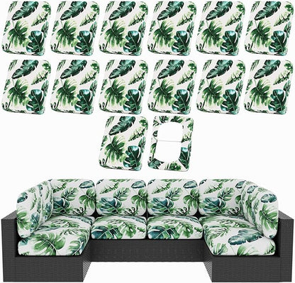 hyha 14Pcs Patio Cushion Covers, Stretch Outdoor Couch Cushion Covers, Washable Outdoor Chair/Sofa Slipcovers for Patio Furniture Cushions Protector with Elastic Bottom(Monstera Deliciosa,Cover Only)