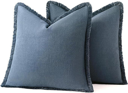 MIULEE Decorative Throw Pillow Covers Neutral Linen Fringe Throw Pillows Set of 2 Blue Ashes Boho Farmhouse Cushion Covers with Tassels for Couch Sofa Bed Spring Home Decor 26x26 Inch
