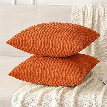 MIULEE Pack of 2 Orange Corduroy Decorative Pillow Covers 18x18 Inch Soft Boho Striped Throw Pillow Covers Modern Farmhouse Home Decor for Halloween Thanksgiving Summer Sofa Living Room Couch Bed