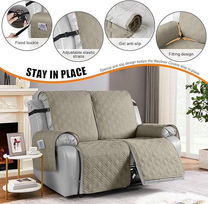 VANSOFY Waterproof Recliner Couch Covers, Sofa Covers 1-Piece Washable Reclining Sofa Cover Non-Slip Furniture Protector with Elastic Straps Pocket for Dogs, Pets(Khaki,2 Seater)