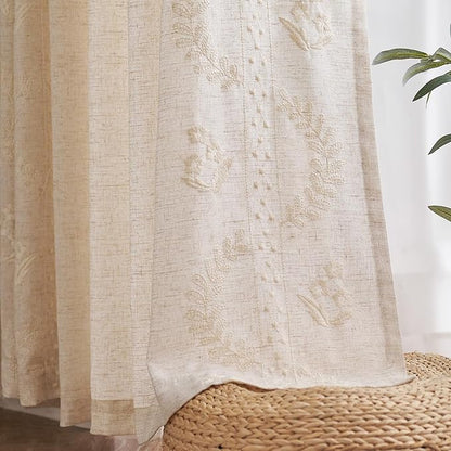 jinchan Belrose Linen Curtains for Bedroom Floral Curtains 84 Inch Length Linen Blend Ivory Embroidered Drapes Farmhouse Flower Patterned Drapes for Living Room Window Treatments Set 2 Panels