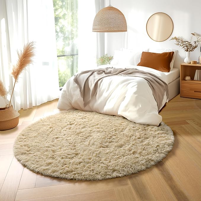 Amdrebio Beige Round Area Rug 6Ft for Living Room Bedroom, Fluffy Plush Shag Furry Circle Rugs for Kids Room Decor Aesthetic, Fuzzy Tan Neutral Circular Carpet for Baby Nursery Classroom Teens Dorm