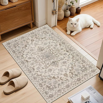 2x3 Area Rugs Living Room Rug: Washable Vintage Distressed Floral Rug No Slip Stain Resistant Soft Carpet Indoor Large Carpets for Bedroom Dining Room Farmhouse Nursery Hallway Home Office Brown Beige