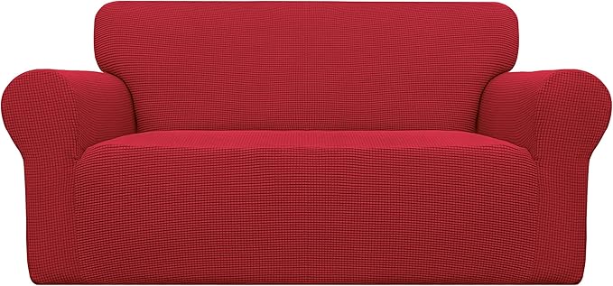 Easy-Going Stretch Loveseat Slipcover 1-Piece Sofa Cover Furniture Protector Couch Soft with Elastic Bottom for Kids Polyester Spandex Jacquard Fabric Small Checks (Loveseat, Christmas Red)