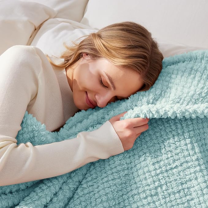Whale Flotilla Queen Size Fuzzy Fleece Blanket for Bed, 90x90 Inch Fluffy Warm Soft Jacquard Blankets for All Season, Lightweight and Cozy, Light Blue