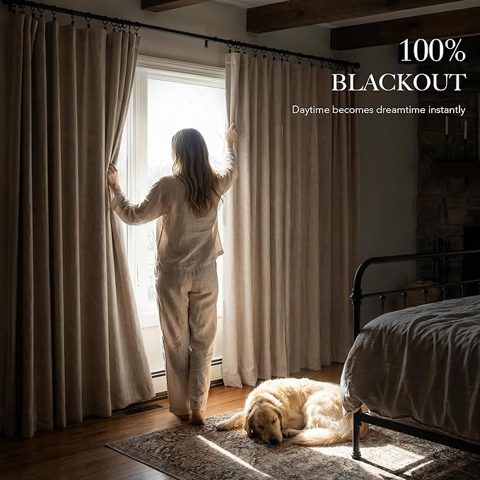 RYB HOME 100% Blackout Linen Textured Curtains for Bedroom, Farmhouse Thermal Insulated Window Curtains for Living Room Dining Patio Sliding Glass Door, Wide 52 x Long 102 inch, Burlap, 2 Panels
