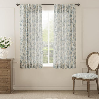 jinchan Linen Floral Curtains for Living Room with Printed Flower 63 Inches Long Light Filtering French Country Back Tab Rod Pocket Blue Window Curtain Set Farmhouse Drapes 2 Panels Blue