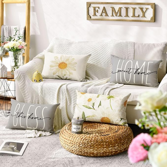 AVOIN colorlife Home Sweet Home Spring Summer Flowers Throw Pillow Covers, 12 x 20 Inch Grey Cushion Case for Sofa Couch Set of 4