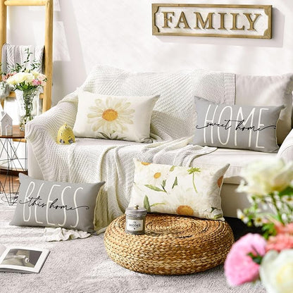 AVOIN colorlife Home Sweet Home Spring Summer Flowers Throw Pillow Covers, 12 x 20 Inch Grey Cushion Case for Sofa Couch Set of 4