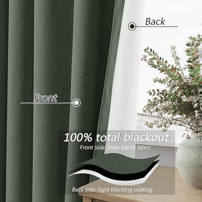 Guken Olive Green 100% Blackout Curtains 96 Inch Length 2 Panels Set for Living Room Bedroom Back Tab Thermal Insulated Black Out Linen Drapes Room Darkening Window Curtains 96 Inches Long