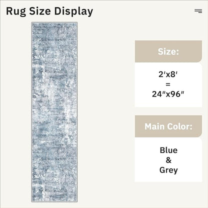 Runner Rug 2x8 Washable Non-Slip Hallway Runner Rugs for Kitchen Bathroom Laundry Room Blue/Grey Vintage Floor Carpet Runners for Hallways Entryway