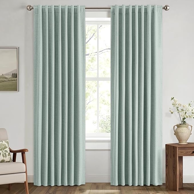 MIULEE 100% Blackout Linen Curtains for Bedroom, Seafoam Green Solid Luxury Decor Thermal Insulation Room Darkening Drapes for Living Room Nursery Back Tab Rod Pocket 42 x 84 Inches, 2 Panels