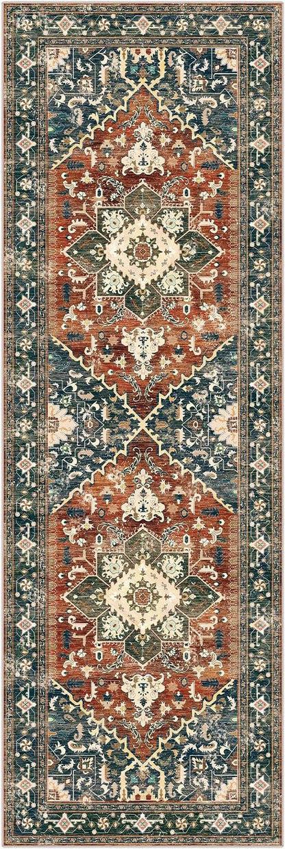 Yamaziot Washable Runner Rug, 2x6 Non-Slip Boho Vintage Hallway Rug Runner with Rubber Backing, Stain Resistant & Low Pile Faux Wool Distressed Carpet Runner for Kitchen, Laundry, Entrance