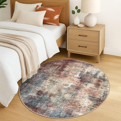 IOHOUZE Round Area Rug 5 Ft Circle Entryway Rugs Round Washable Door Mat Indoor Entrance, Non Slip Circle Front Door Rug, Printed Abstract Faux Wool Floor Carpet for Foyer Porch Sink, Red/Multi
