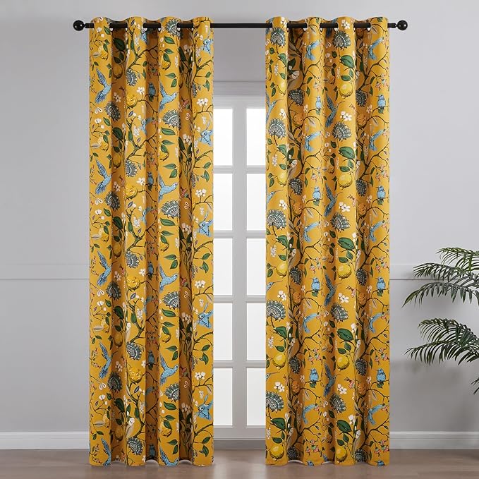 Topfinel Living Room Curtains 72 Inches Long Mustard Yellow Vintage Curtains & Drapes, Room Darkening Grommet Luxury Whimsical Floral Lemon Hummingbird Colorful Blackout Drapes for Living Room Bedroom