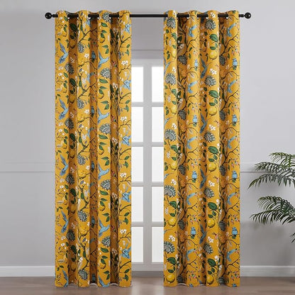 Topfinel Living Room Curtains 72 Inches Long Mustard Yellow Vintage Curtains & Drapes, Room Darkening Grommet Luxury Whimsical Floral Lemon Hummingbird Colorful Blackout Drapes for Living Room Bedroom