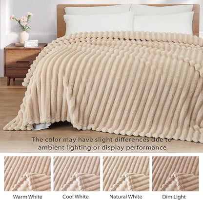 Exclusivo Mezcla Twin Size Flannel Fleece Blanket, Super Soft Striped Jacquard Bed Blanket, Lightweight Fuzzy Cozy for All Seasons, 60x80 Inches, Beige