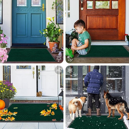 Smiry Front Door Mat Outside Entrance, Heavy Duty Sturdy Natural Rubber Doormat, Trap Dirt and Moisture, Easy Clean Low Profile Mats for Indoor Outdoor Entry, Irregular Triangle (47x32, Deep Green)