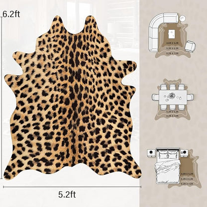 AROGAN Premium Leopard Print Rug 5.2x6.2 Feet, Machine Washable Faux Fur Cheetah Rug, Non-Slip Animal Print Hide Leopard Skin Area Rug for Bedroom Living Room Home Decor