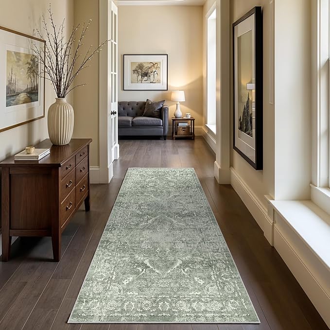 Hallway 2x6 Washable Runner - Non-Slip Vintage Long Rug for Entryway Low-Pile Medallion Runner for Hallway Waterproof Traditional Runners Indoor Thin Rug for Kitchen (Muted Sage Green, 2x6)