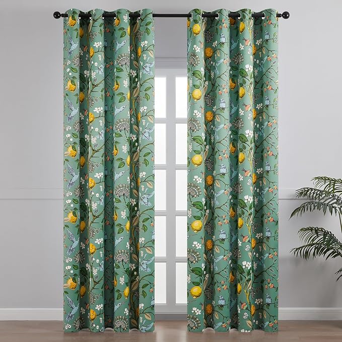 Topfinel Living Room Curtains 72 Inches Long Floral Spring Curtains, Vintage French Country Grommet Botanical Hummingbird Woodland Patterned Sage Green Lemon Drapes for Bedroom Dining Living Room