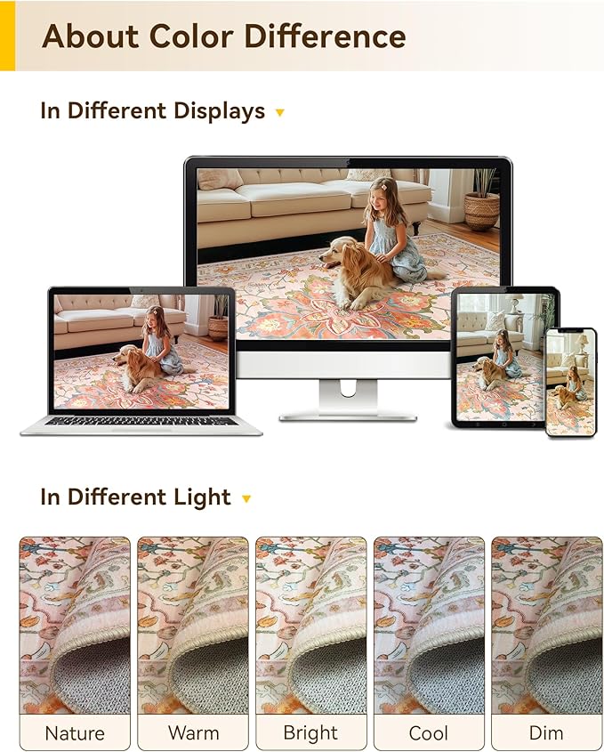 RELEANY Area Rugs Square 8ft Washable Non-Slip, Floral Vintage Distress Print Pattern Medallion Carpet for Living Room Bedroom Dining Room, Light Pink Colorful