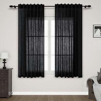 Nanspring Black Linen Textured Curtains for Living Room 60 Inches Long 2 Panels Set Back Tab Rod Pocket for Bedroom Kitchen Short Semi Sheer Light Filtering Protect Privacy Window Drapes W52xL60