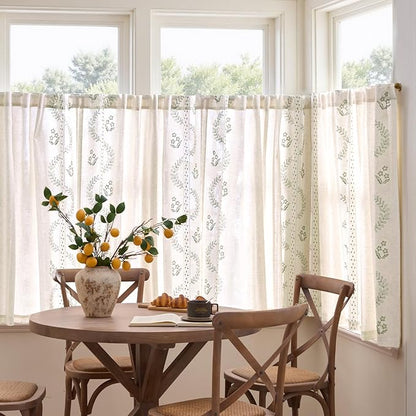 jinchan Belrose Linen Floral Cafe Curtains 45 Inch Length Embroidered Farmhouse Curtains for Kitchen Bedroom Bathroom Small Windows Curtain Set Light Filtering 2 Panels Sage Green