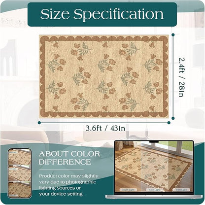 Floral Outdoor Rug - 28" x 43" Front Door Mat Indoor Outside Entrance Non-Slip Washable Outdoor Mat Jute-Look Tan Scalloped Rug for Entryway Kitchen Mudroom Layered Doormat for Front Porch