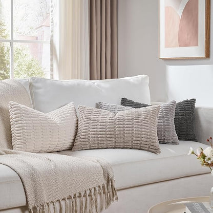 Fancy Homi Set of 4 Grey and White Long Lumbar Rectangle Decorative Throw Pillow Covers 12x24 Inch for Couch Bed Chair, Farmhouse Boho Room Decor, Soft Fuzzy Corduroy Textured Cushion Case 30x60cm