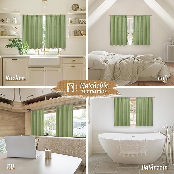 LAMIT Bedroom Linen Curtains 48 Inch Length 2 Panels, Soft Faux Linen Light Filtering Panels Rod Pocket Farmhouse Privacy Drapes for Kitchen/Window/Loft Room, 42 x 48 Inch, Sage Green