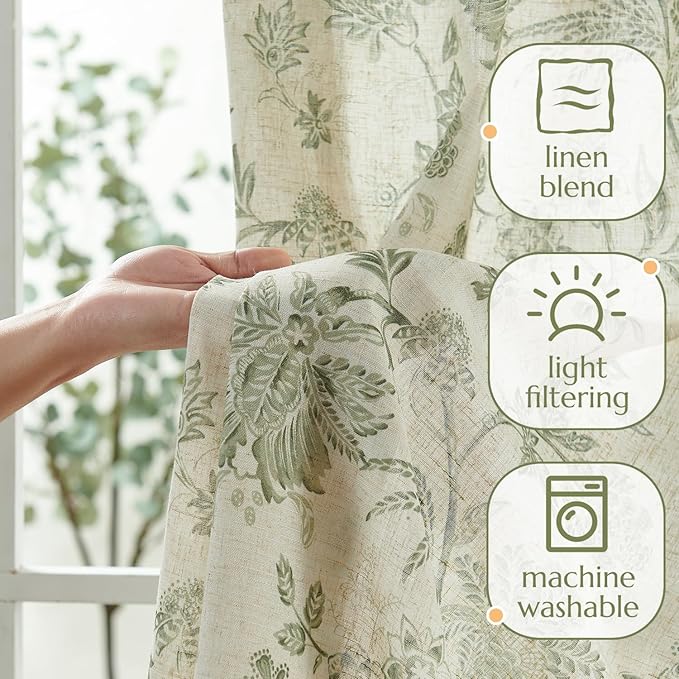 jinchan Linen Floral Curtains for Living Room with Printed Flower 63 Inches Long Light Filtering French Country Back Tab Rod Pocket Sage Green Window Curtain Set Farmhouse Drapes 2 Panels