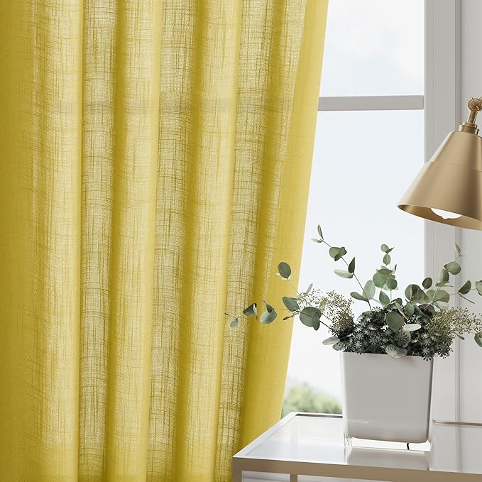 Nanspring Celery Yellow Linen Curtains 90 Inches Long 2 Panel Set Back Tab Rod Pocket Light Weight Semi Sheer Neutral Farmhouse Decor for Living Room and Bedroom 52x90