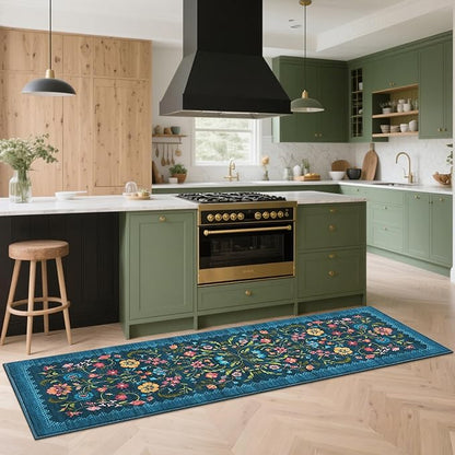 GarveeHome Floral Rug 2.5x10 Runners for Hallways, Boho Kitchen Runner Rugs Non Slip Bath Runners, Vintage Washable Runner Rug for Bedroom, Soft Long Rugs for Entryway Bathroom Laundry Dorm, Blue
