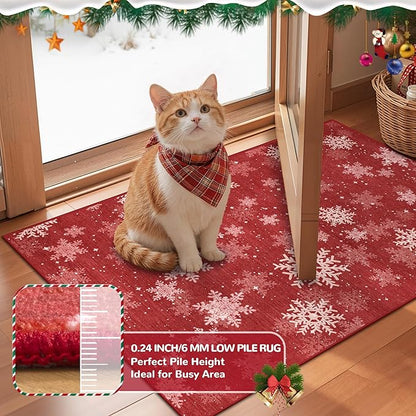 2x3 Christmas Doormat for Entryway, Washable Christmas Rugs Bathroom，Snowflake Front Porch Runner Rug，Non-Slip Red and White Christmas Decor Indoor(2'x3', Red/White)