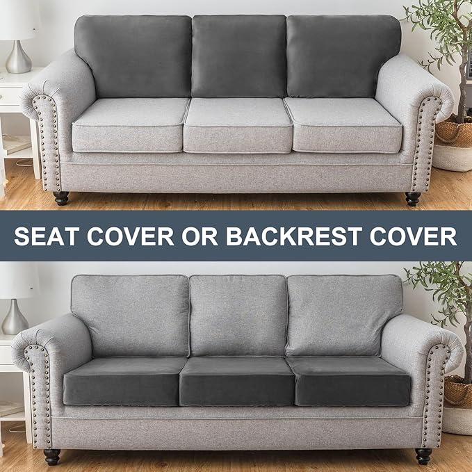 Couch Cover Stretch Velvet Sofa Cushion Cover 3-Piece - Elastic Washable Slipcover for Seat or Backrest, Couch Seat Covers for Sofas (Grey)