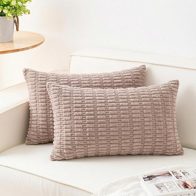 Pack of 2 Corduroy Decorative Throw Pillow Covers 12x20 Inch Soft Striped Pillow Covers Modern Farmhouse Home Decor for Sofa Living Room Couch Bed（Light Brown）