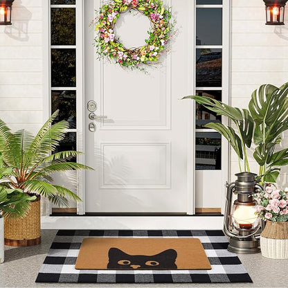 UINI Welcome Door Mat Combo Set, 28" x 43" Black and White Plaid Mat +17" x 30" Cat Welcome Mat, 2 PCS Doormat Set for Front Door, Entrance, Porch Decor, Non-Slip