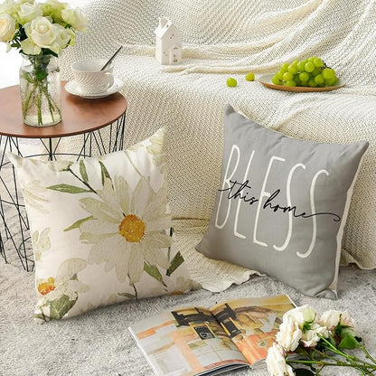 AVOIN colorlife Home Sweet Home Spring Summer Flowers Throw Pillow Covers, 18 x 18 Inch Grey Cushion Case for Sofa Couch Set of 4
