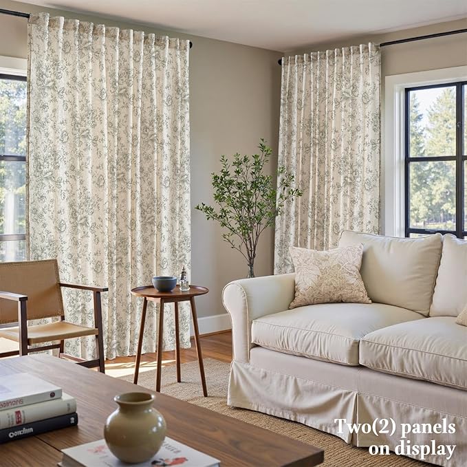 jinchan Linen Floral Curtains 100 Inch Extra Wide for Patio Sliding Glass Door Room Divider Curtain for Living Room 84 Inch Length Farmhouse Peony Green Printed Curtain Set 1 Panel