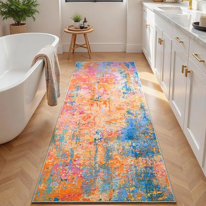 2x6 Rainbow Rug Runners for Hallways Kitchen Runner Rug Non Slip Washable Colorful Long Runner Rugs with Rubber Backing Soft Abstract Carpet Runner for Bedroom, Kitchen, Bathroom, Entryway